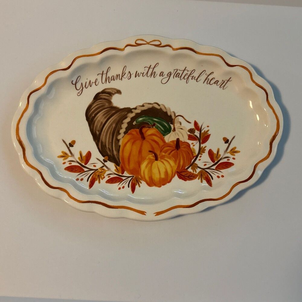 Mud Pie Give Thanks With A Grateful Heart 10” x 7”Ceramic Oval Plate
